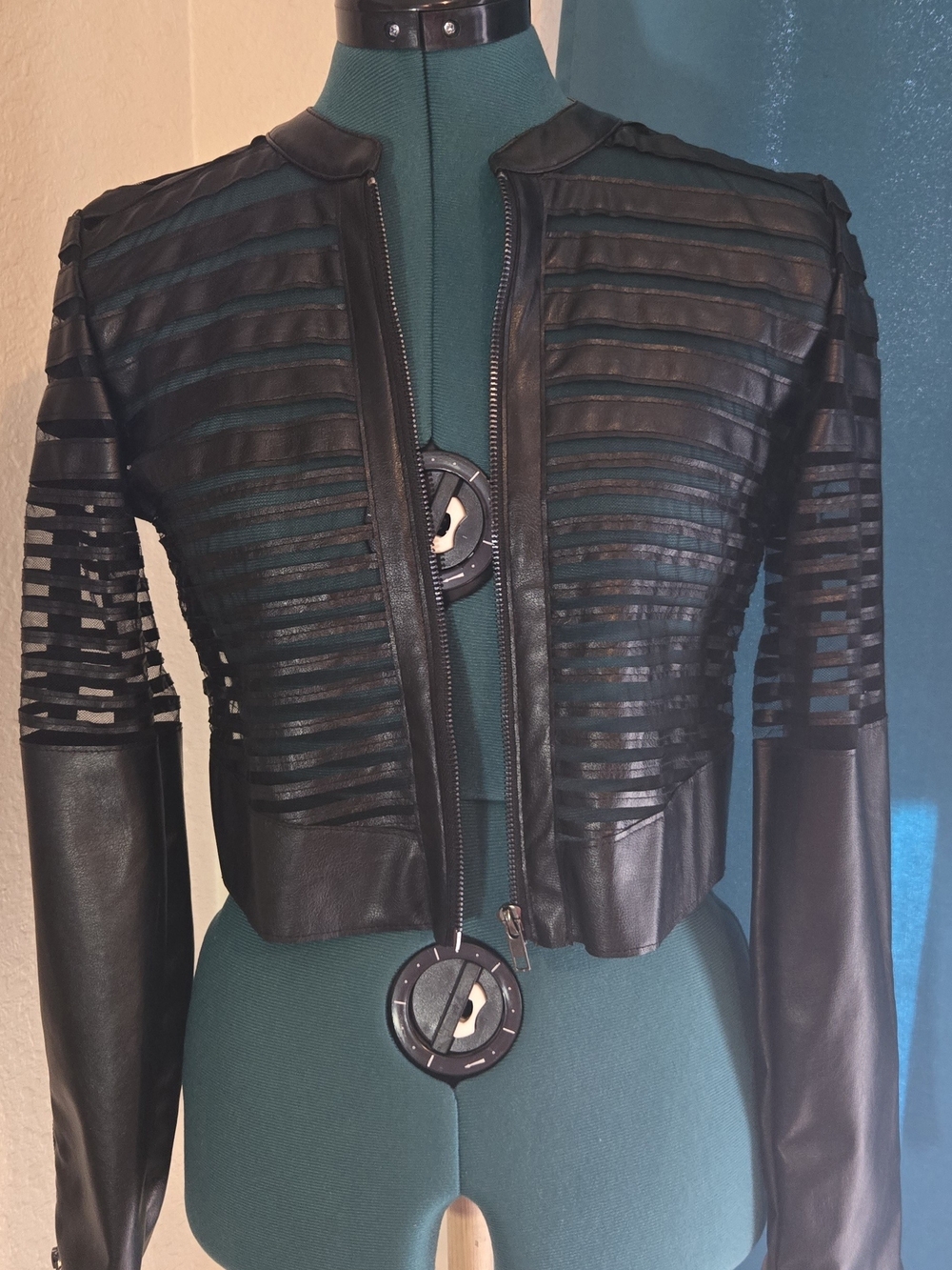 Windsor Black Sheer-Striped Faux Leather Cropped Jacket